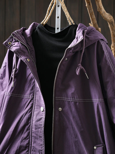 Women Autumn Retro Pure Color Hooded Padded Jacket
