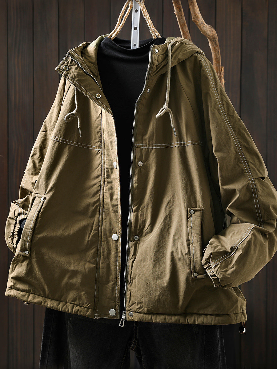 Women Autumn Retro Pure Color Hooded Padded Jacket