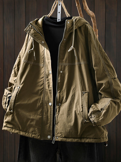 Women Autumn Retro Pure Color Hooded Padded Jacket