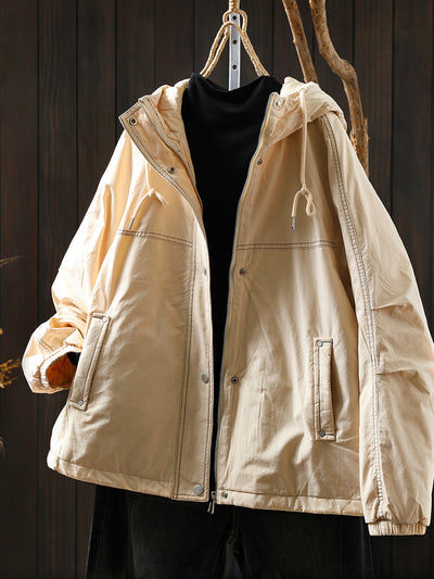 Women Autumn Retro Pure Color Hooded Padded Jacket
