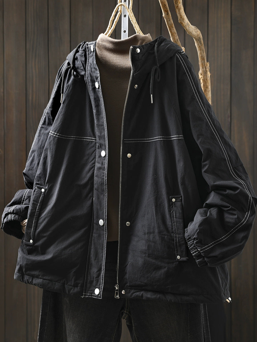 Women Autumn Retro Pure Color Hooded Padded Jacket