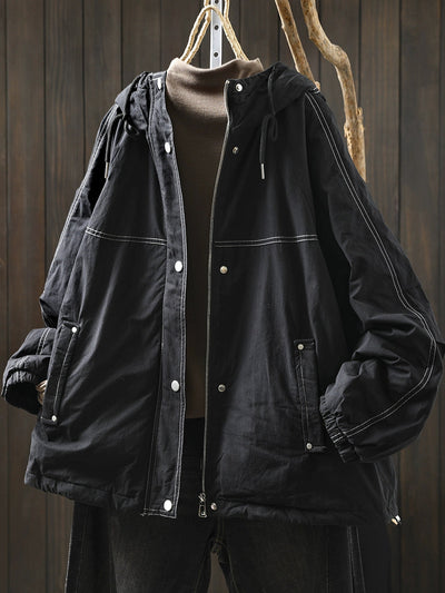 Women Autumn Retro Pure Color Hooded Padded Jacket