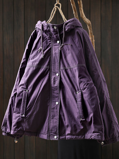 Women Autumn Retro Pure Color Hooded Padded Jacket