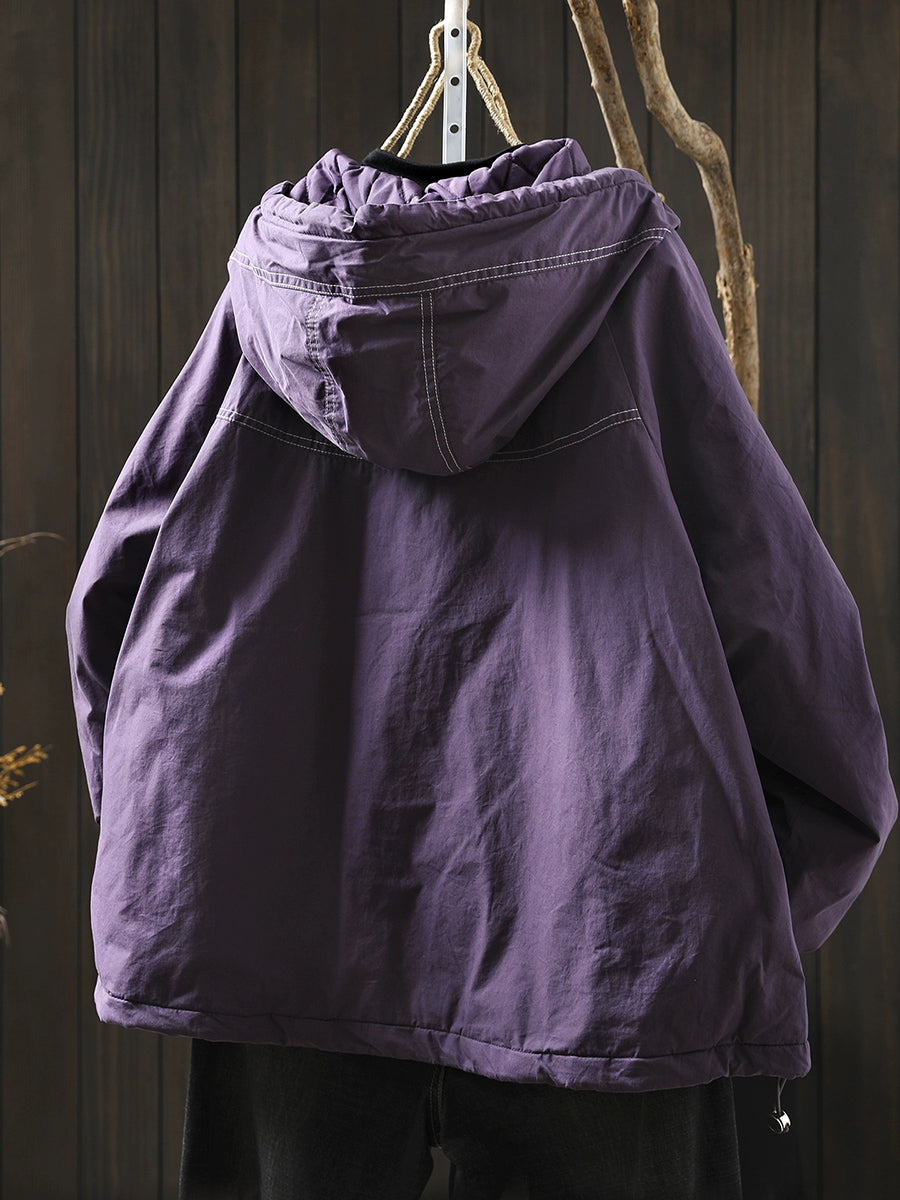 Women Autumn Retro Pure Color Hooded Padded Jacket