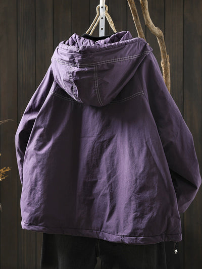 Women Autumn Retro Pure Color Hooded Padded Jacket