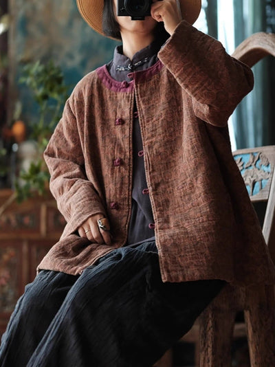 Women Autumn Ethnic Pure Color O-Neck Cotton Padded Coat