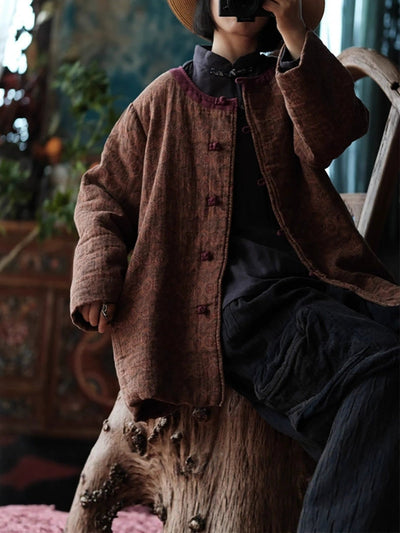 Women Autumn Ethnic Pure Color O-Neck Cotton Padded Coat