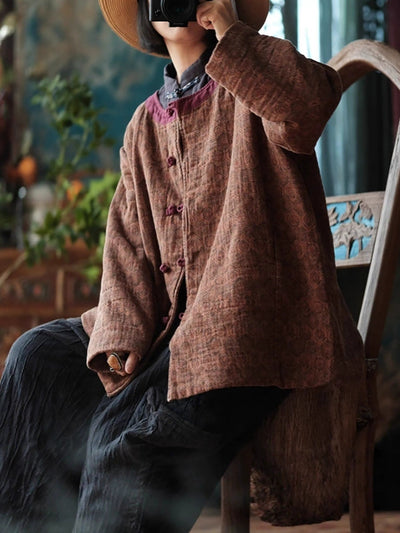 Women Autumn Ethnic Pure Color O-Neck Cotton Padded Coat