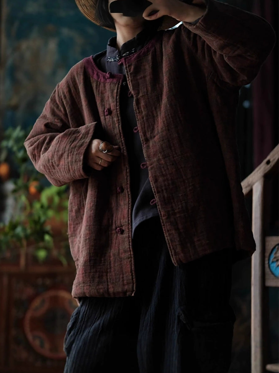 Women Autumn Ethnic Pure Color O-Neck Cotton Padded Coat