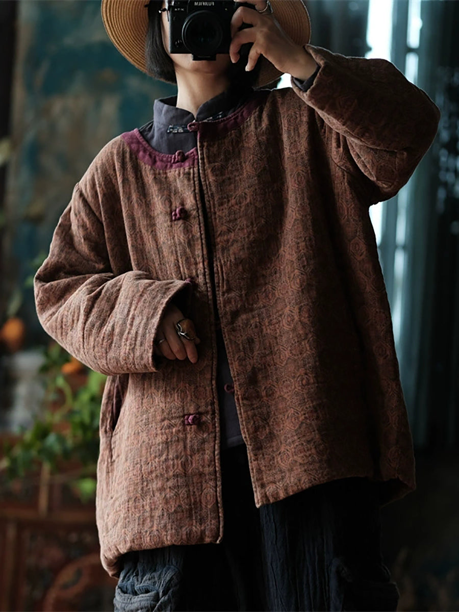 Women Autumn Ethnic Pure Color O-Neck Cotton Padded Coat