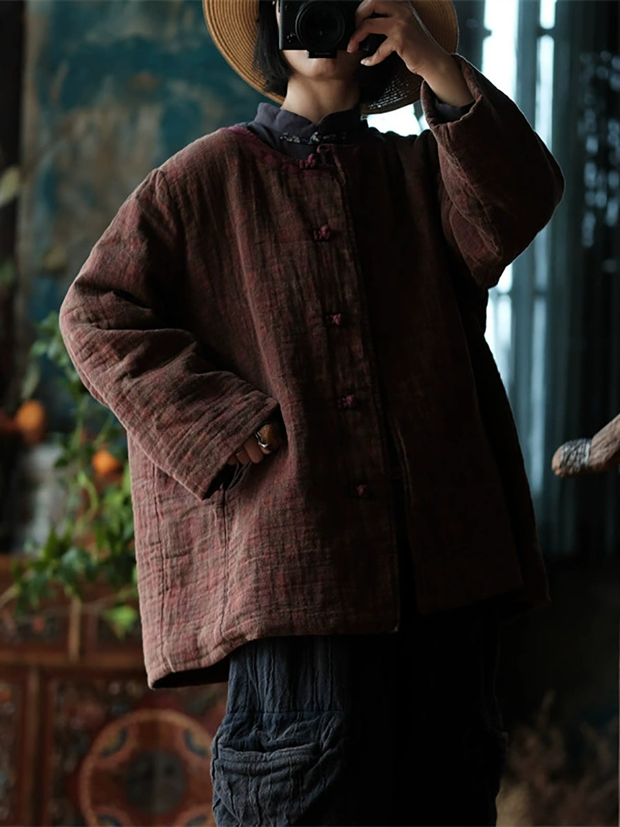 Women Autumn Ethnic Pure Color O-Neck Cotton Padded Coat