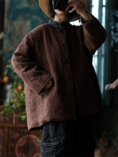 Women Autumn Ethnic Pure Color O-Neck Cotton Padded Coat