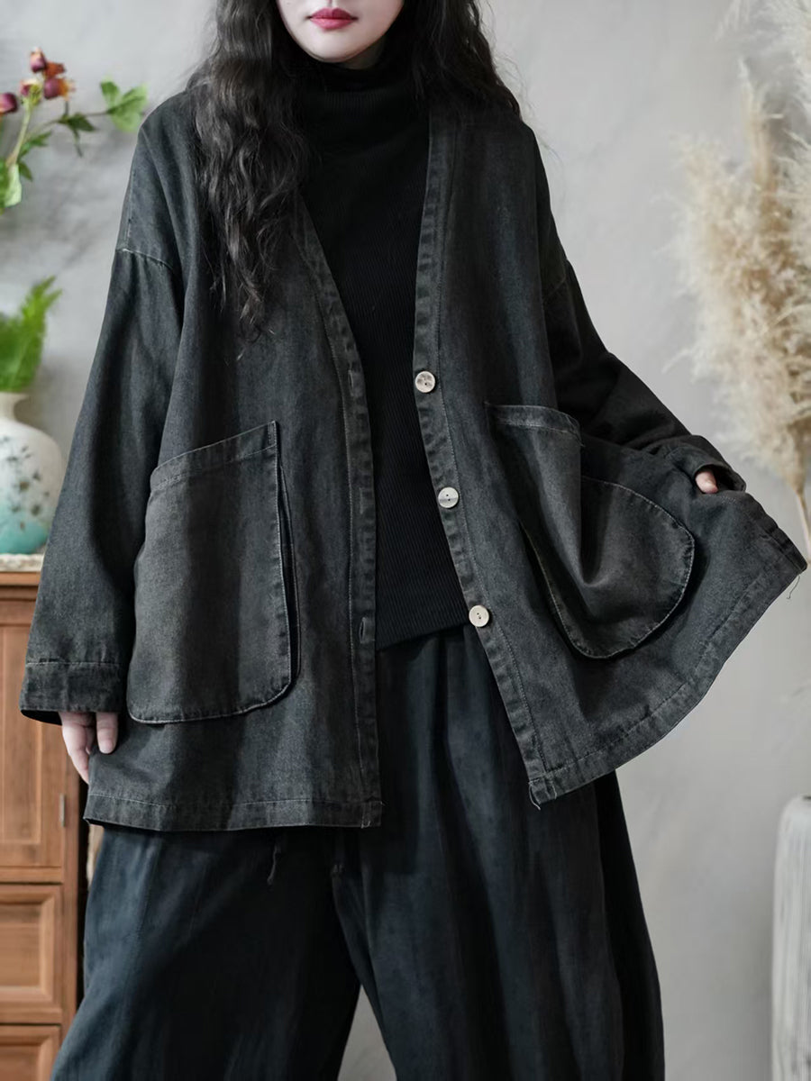 Women Vintage Autumn Pure Color Denim V-Neck Coat
