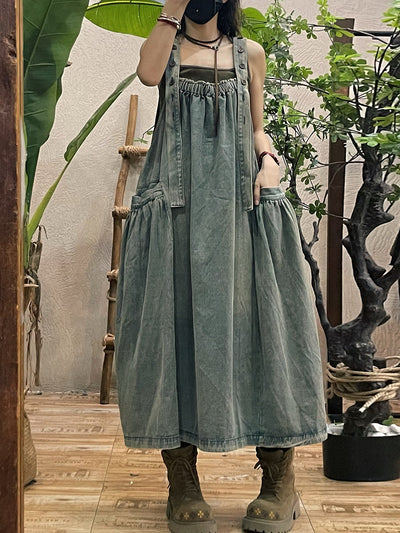 Women Autumn Casual Solid Loose Denim Overall Dress