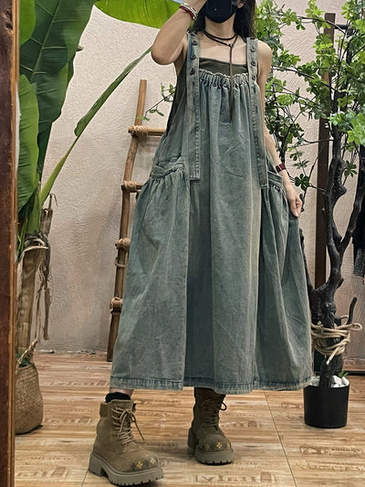 Women Autumn Casual Solid Loose Denim Overall Dress