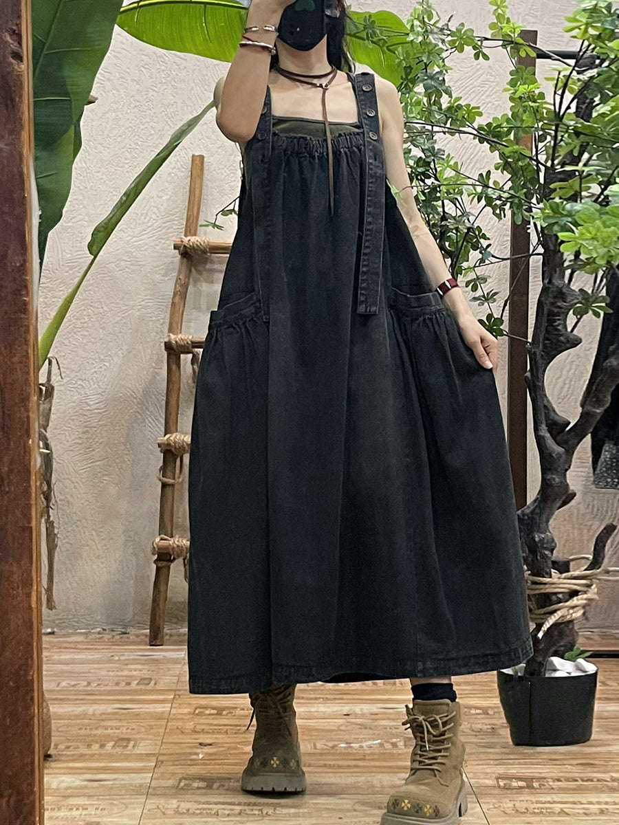 Women Autumn Casual Solid Loose Denim Overall Dress