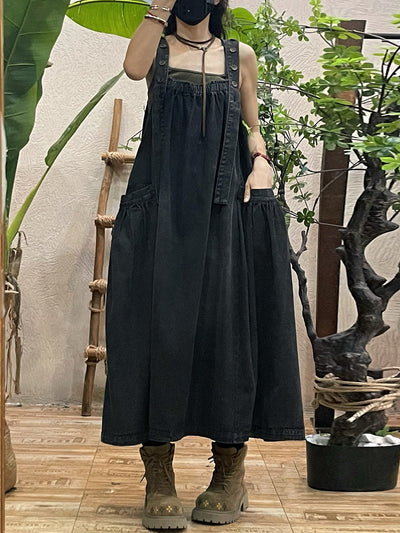 Women Autumn Casual Solid Loose Denim Overall Dress