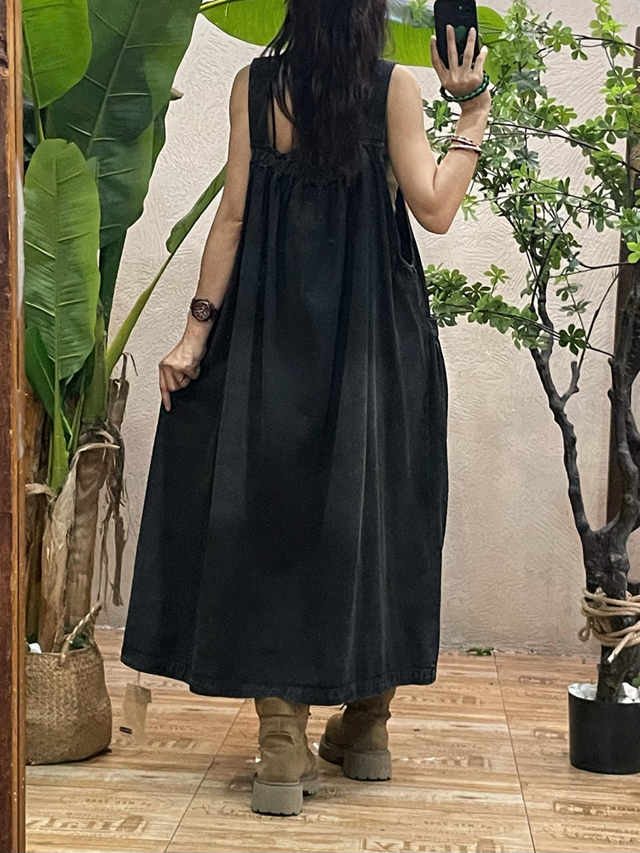 Women Autumn Casual Solid Loose Denim Overall Dress