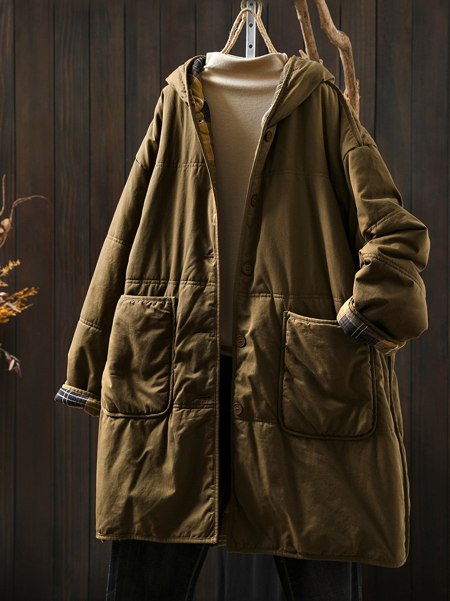 Women Autumn Casual Pure Color Hooded Padded Coat
