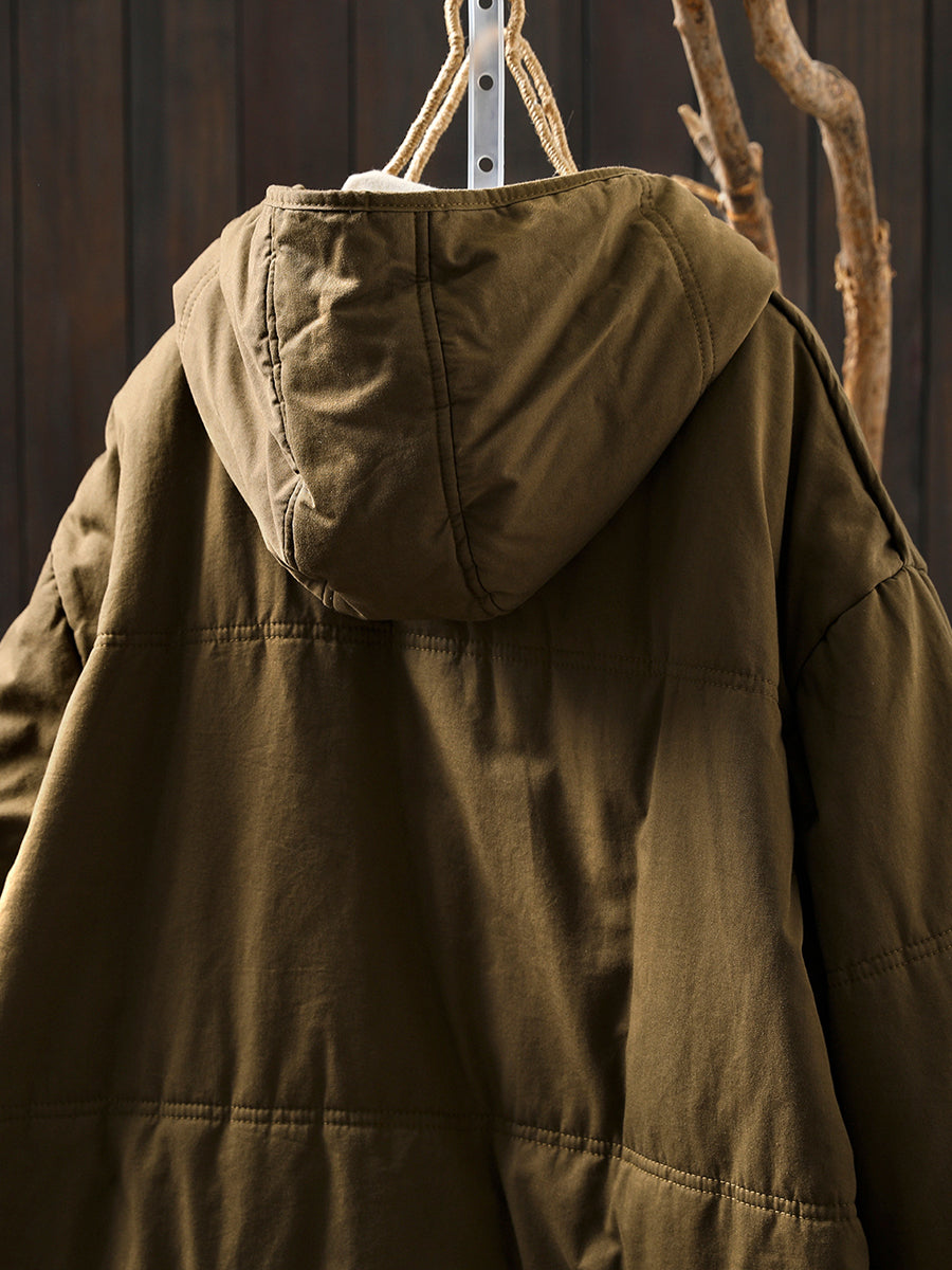 Women Autumn Casual Pure Color Hooded Padded Coat