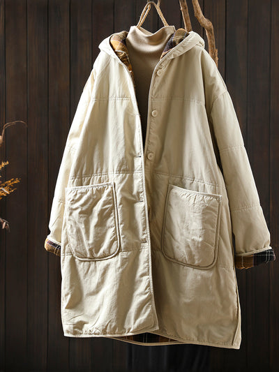 Women Autumn Casual Pure Color Hooded Padded Coat