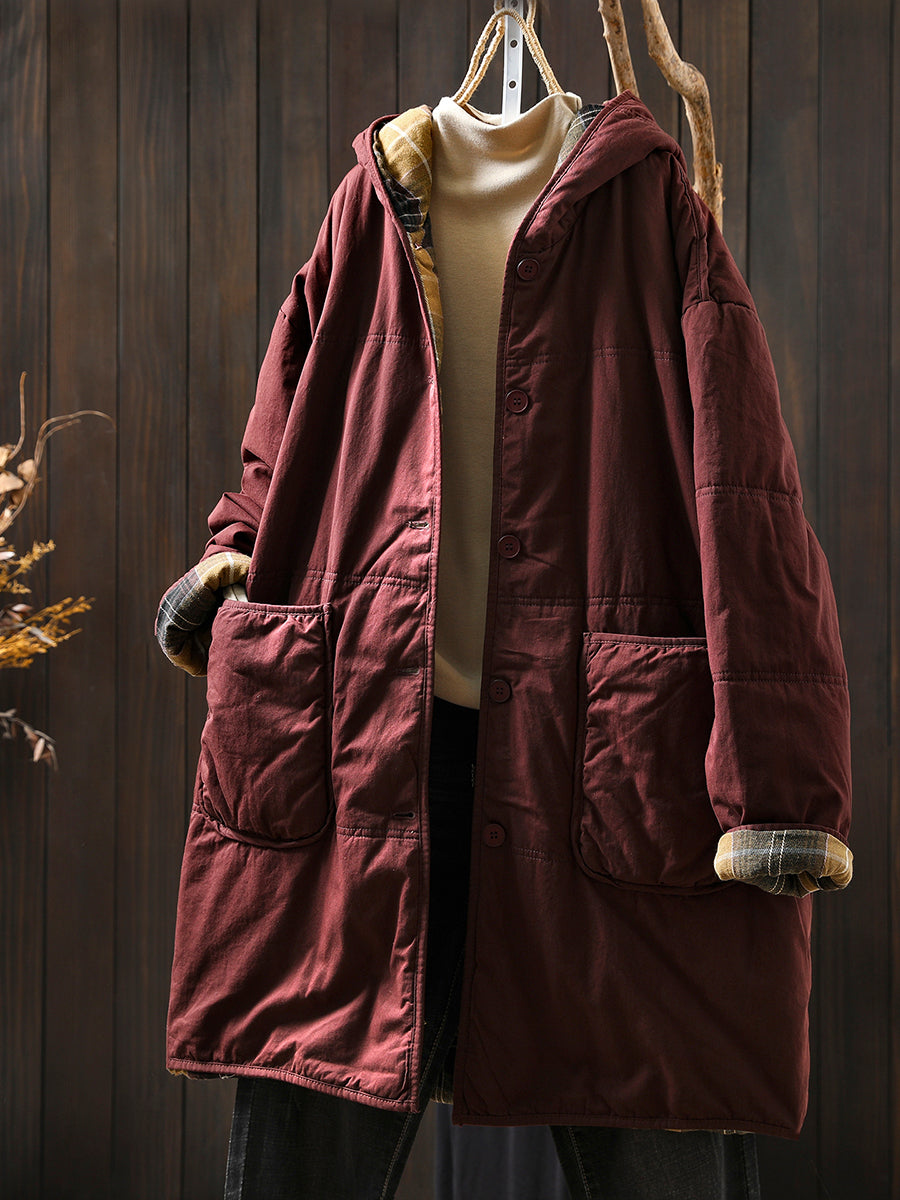 Women Autumn Casual Pure Color Hooded Padded Coat