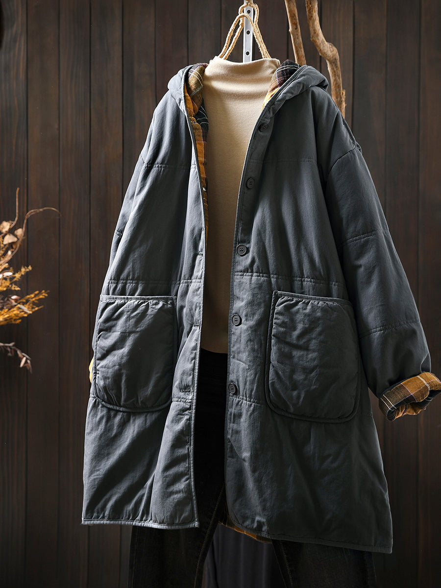 Women Autumn Casual Pure Color Hooded Padded Coat