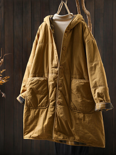 Women Autumn Casual Pure Color Hooded Padded Coat
