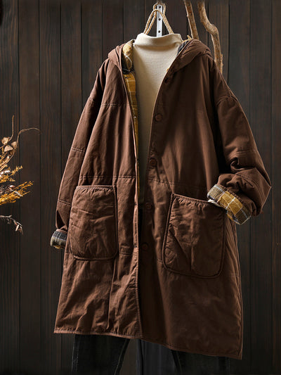 Women Autumn Casual Pure Color Hooded Padded Coat