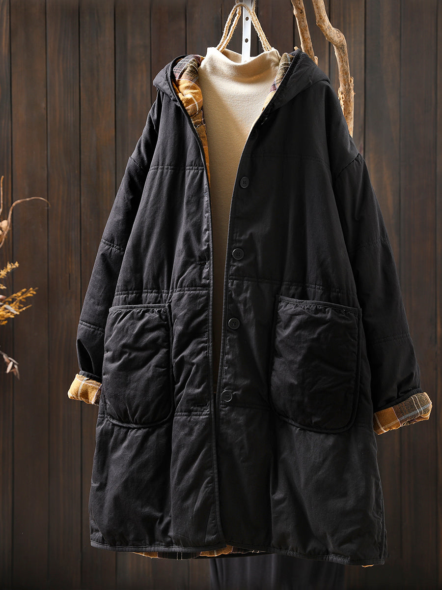 Women Autumn Casual Pure Color Hooded Padded Coat