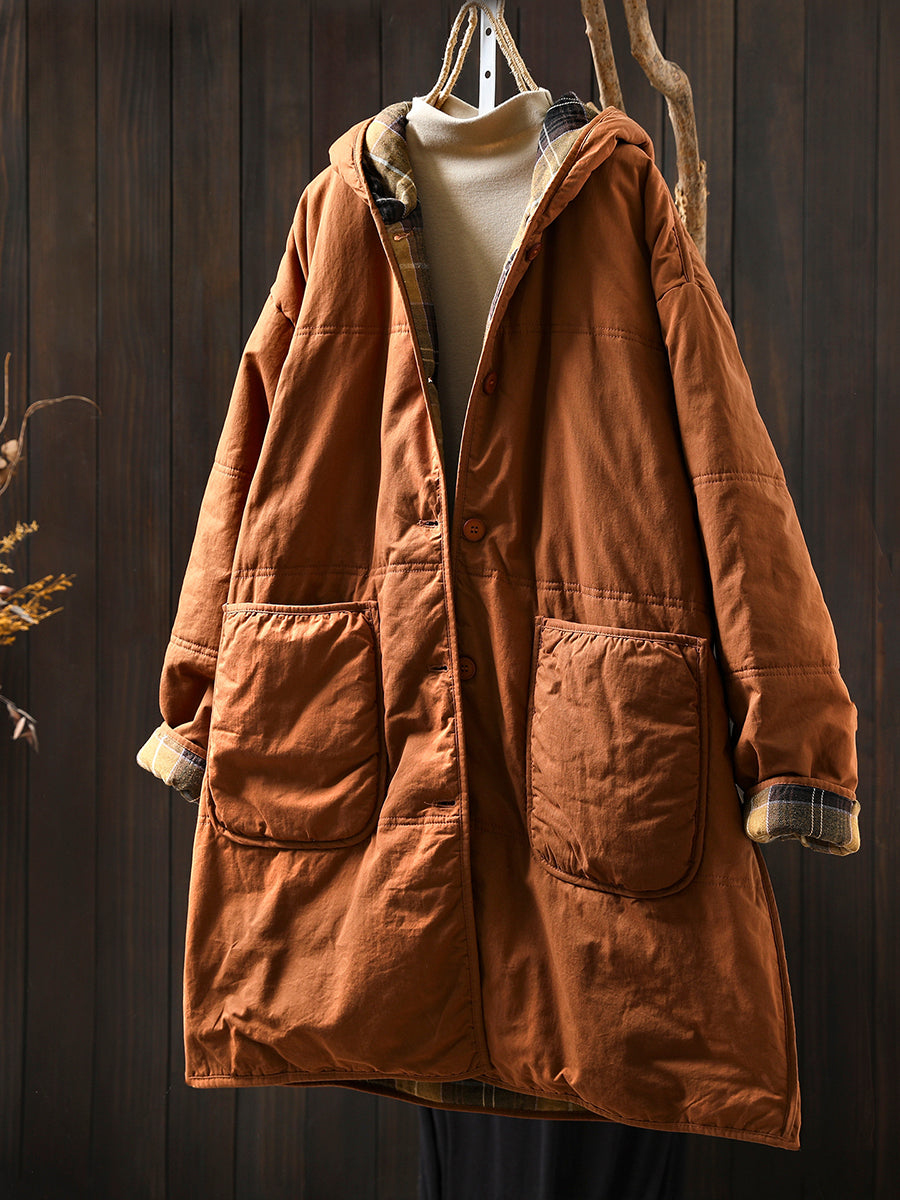 Women Autumn Casual Pure Color Hooded Padded Coat