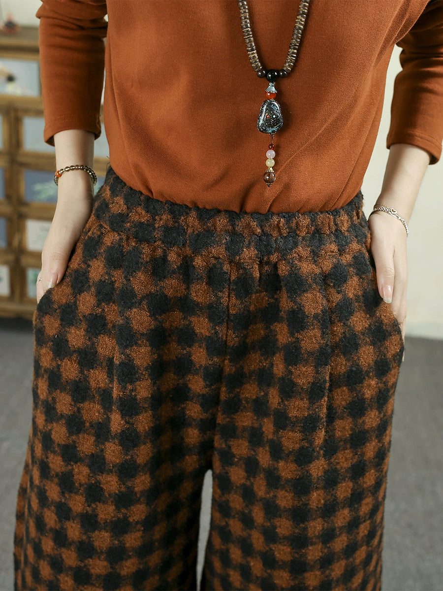 Women Winter Plaid Fleece-lined Straight Pants