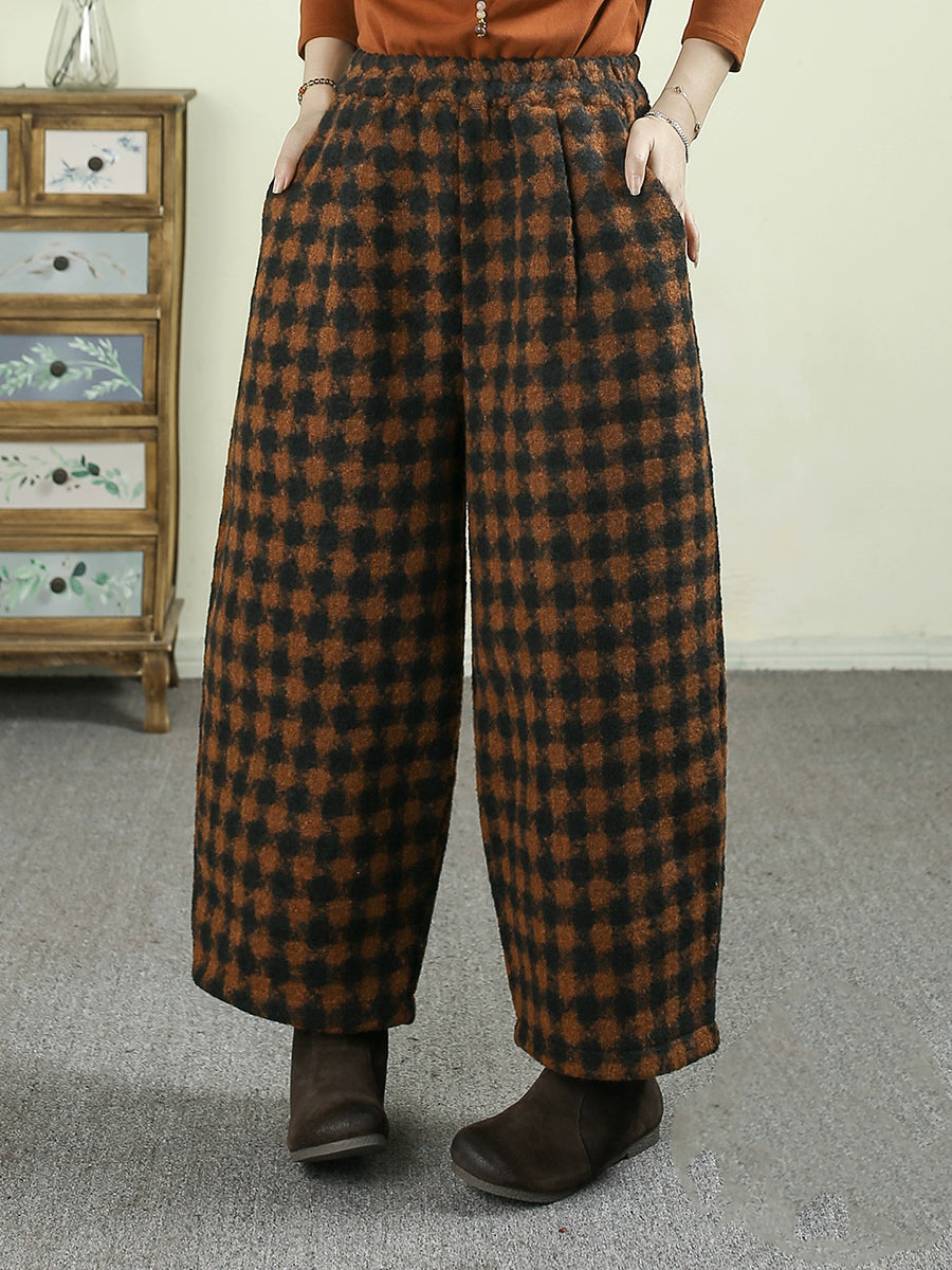 Women Winter Plaid Fleece-lined Straight Pants