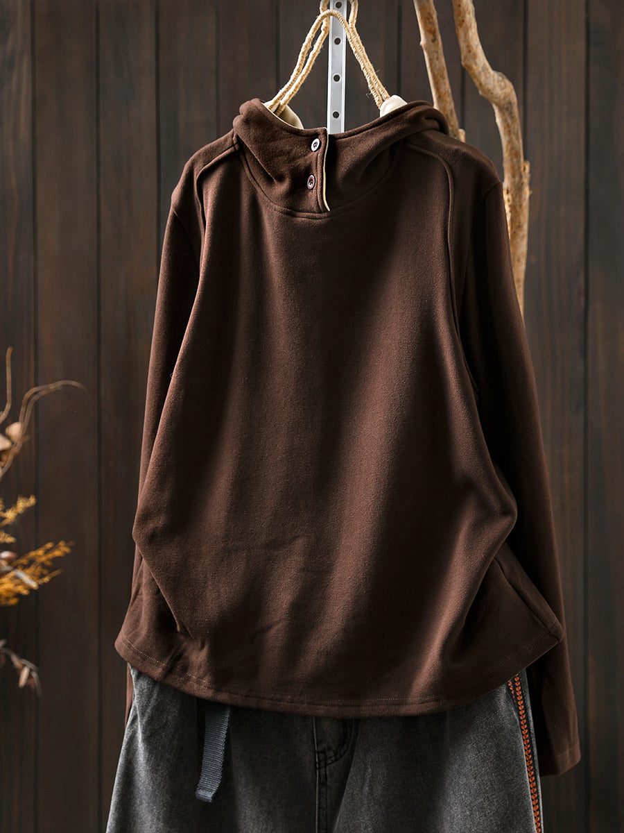 Women Autumn Casual Pure Color Warm Hoodie