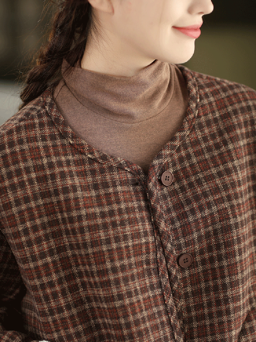 Women Autumn Vintage Plaid Fleece-lined V-Neck Coat