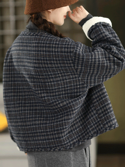Women Autumn Vintage Plaid Fleece-lined V-Neck Coat