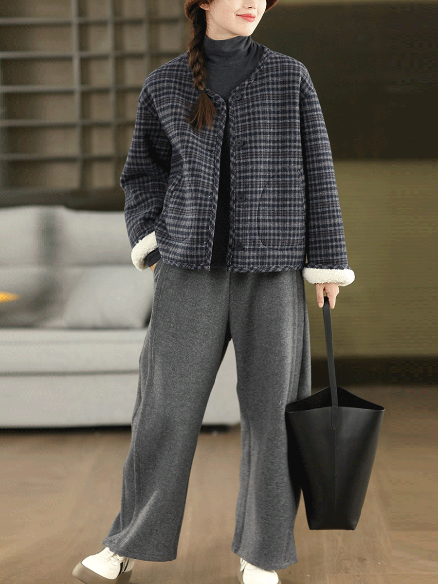 Women Autumn Vintage Plaid Fleece-lined V-Neck Coat