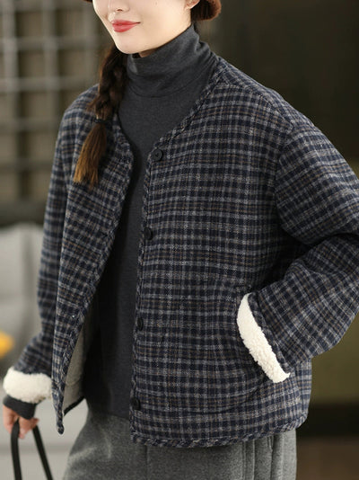 Women Autumn Vintage Plaid Fleece-lined V-Neck Coat