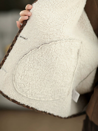 Women Autumn Vintage Plaid Fleece-lined V-Neck Coat