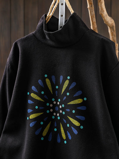 Women Autumn Casual Print Cotton Turtleneck Shirt