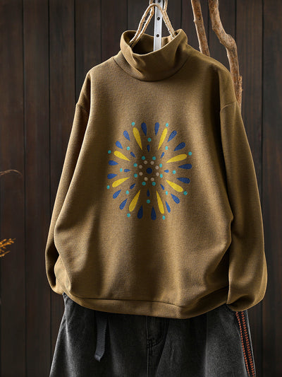 Women Autumn Casual Print Cotton Turtleneck Shirt