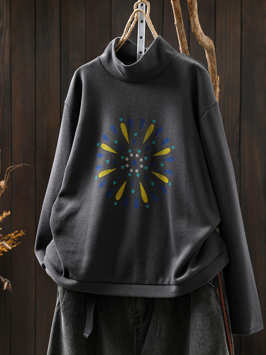 Women Autumn Casual Print Cotton Turtleneck Shirt