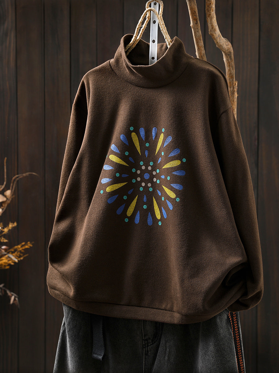 Women Autumn Casual Print Cotton Turtleneck Shirt