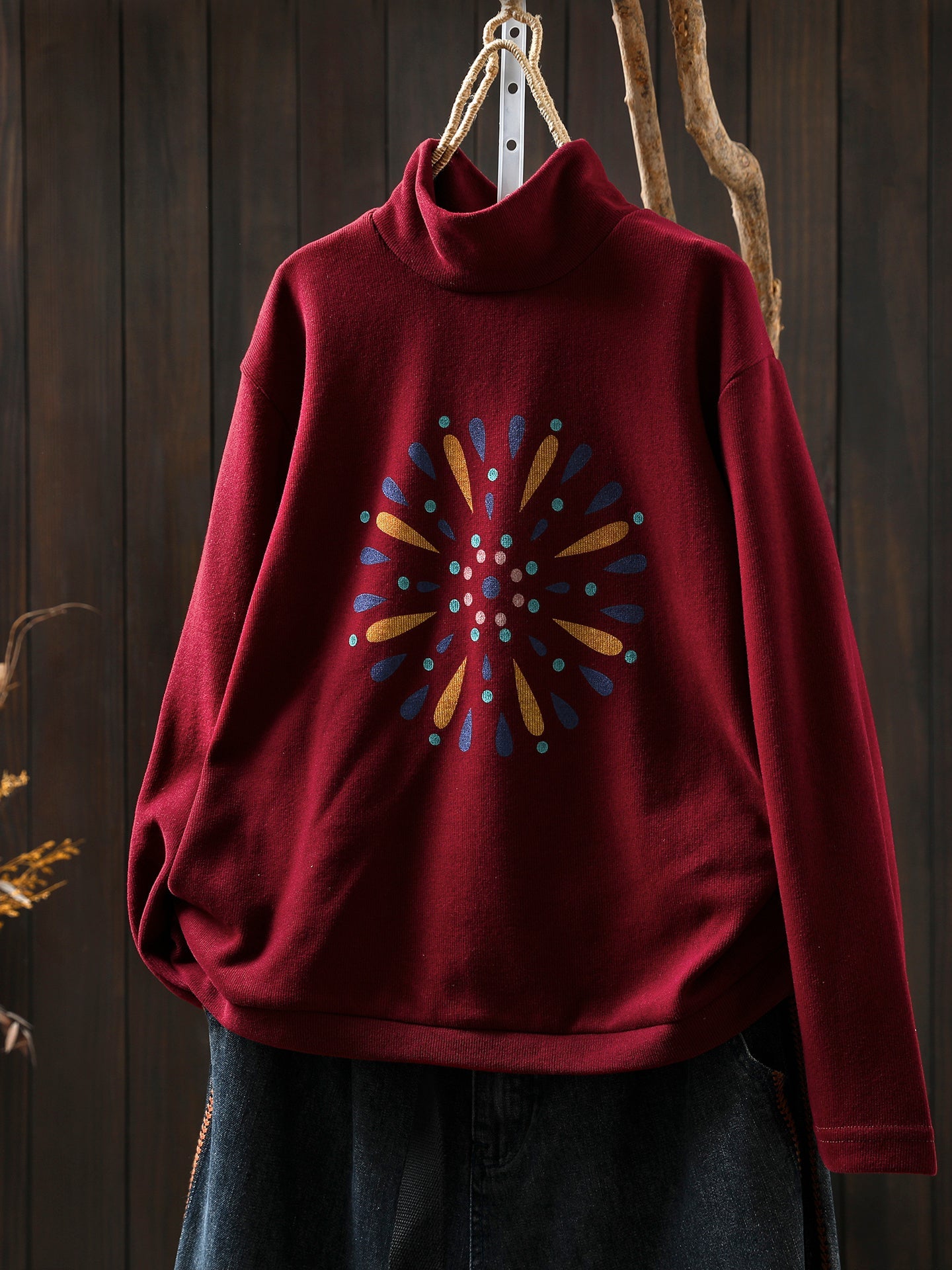 Women Autumn Casual Print Cotton Turtleneck Shirt