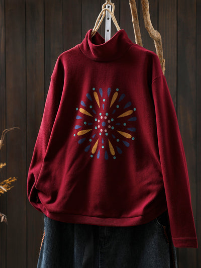 Women Autumn Casual Print Cotton Turtleneck Shirt