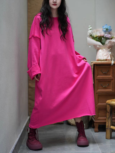 Women Autumn Casual Pure Color O-Neck Cotton Dress