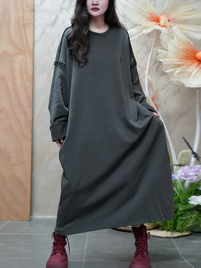 Women Autumn Casual Pure Color O-Neck Cotton Dress