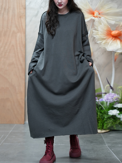 Women Autumn Casual Pure Color O-Neck Cotton Dress