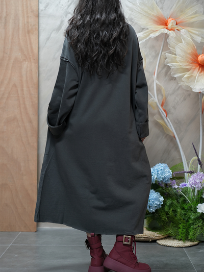 Women Autumn Casual Pure Color O-Neck Cotton Dress