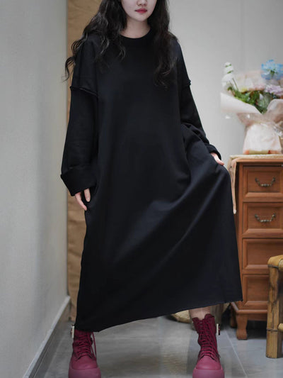 Women Autumn Casual Pure Color O-Neck Cotton Dress